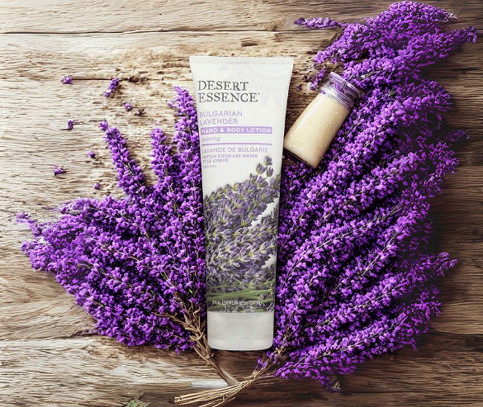 Desert Essence Lavender Body Lotion on a bed of lavender