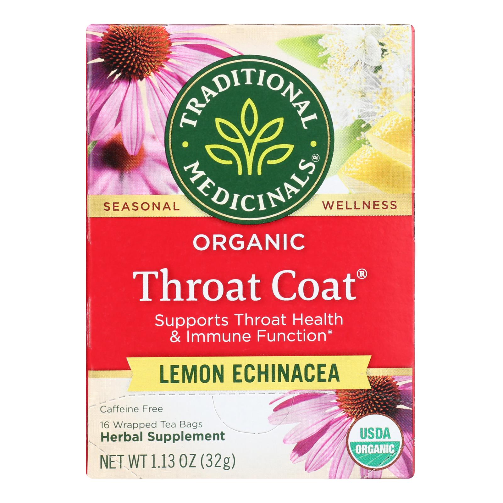 Traditional Medicinals Organic Throat Coat Lemon Echinacea Herbal Tea - Caffeine Free - 16 Bags