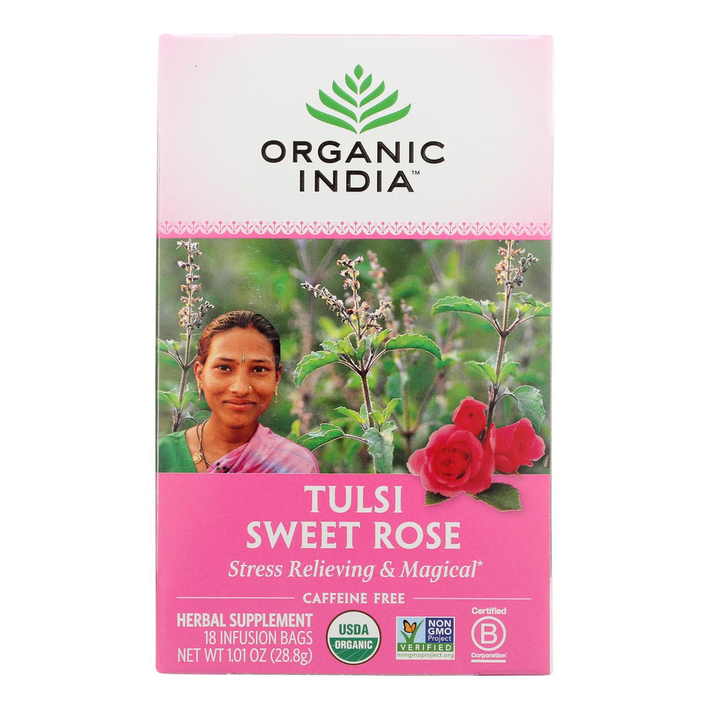 Organic India Tulsi Tea Sweet Rose, 18 Tea Bags, Case Of 6