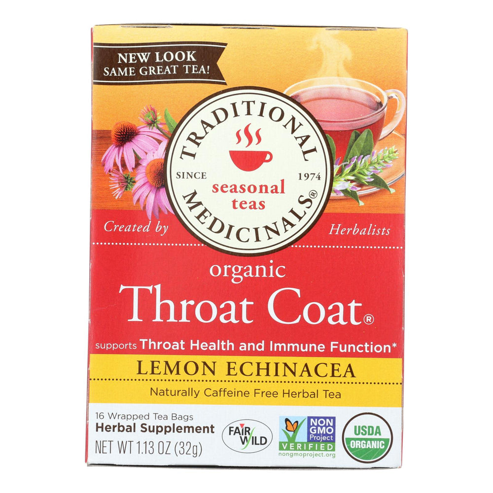 Traditional Medicinals Organic Lemon Echinacea Throat Coat Herbal Tea, 16 Tea Bags, Case Of 6