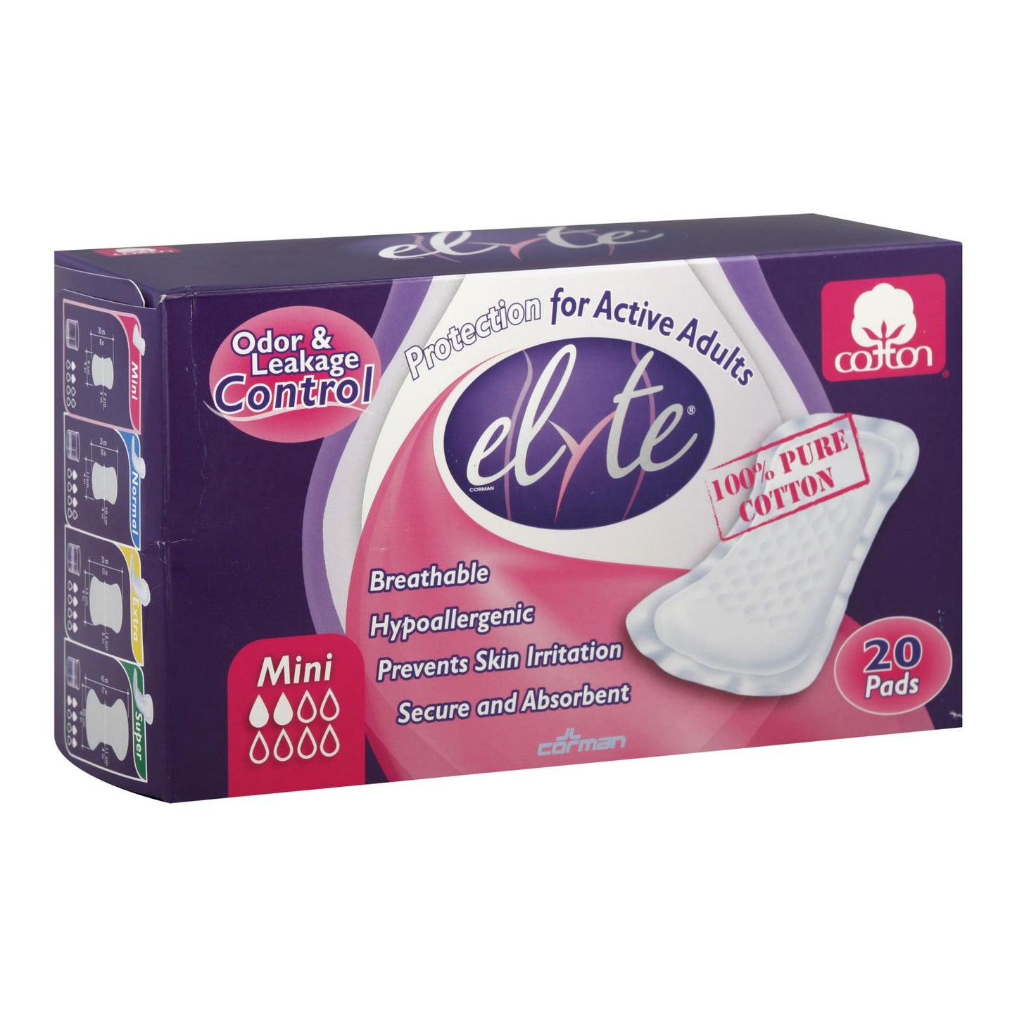 Elyte Light Cotton Incontinence Pads, Mini, 4 In X 8 In, 20 Pack