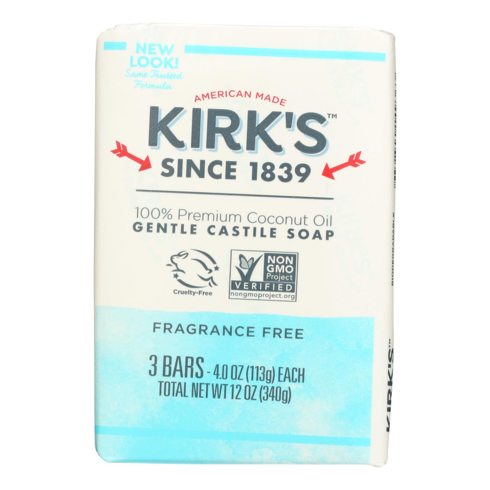 Kirk's Natural Soap Bar, Coco Castile, Fragrance Free, 3 Count, 4 Oz